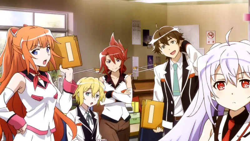 Tsukasa, Isla, and the rest of the Terminal Service One team gathered in their office in the sci-fi tearjerker Plastic Memories.