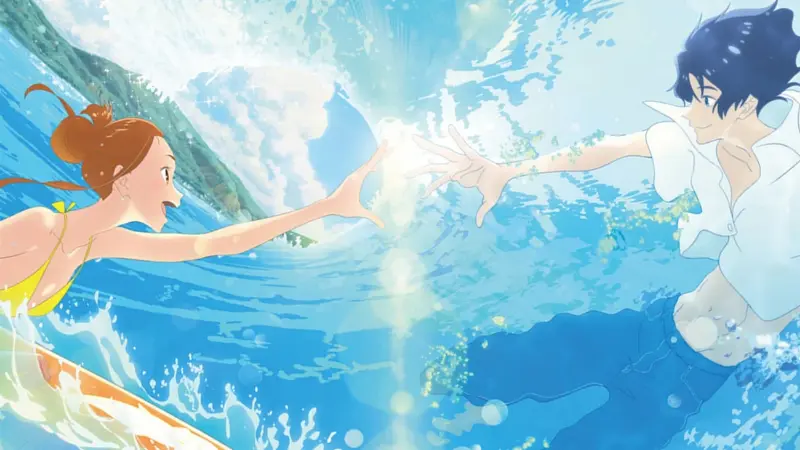 Hinako and Minato reaching their hands toward each other underwater through a sparkling wave in Ride Your Wave.