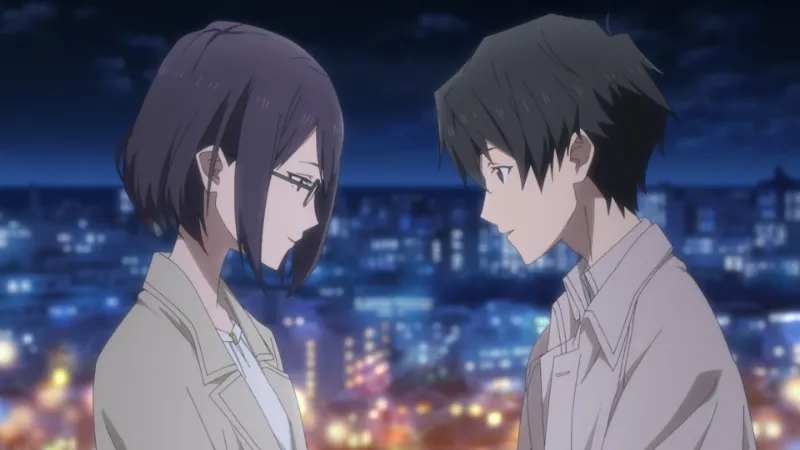 Koyomi and Kazune smiling at each other against a glowing night city skyline in the anime film To Me, The One Who Loved You.