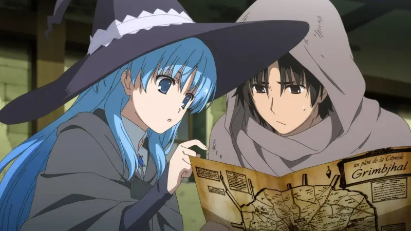Chtholly in her witch hat pointing at a map of Grimbjhal alongside Willem in WorldEnd.