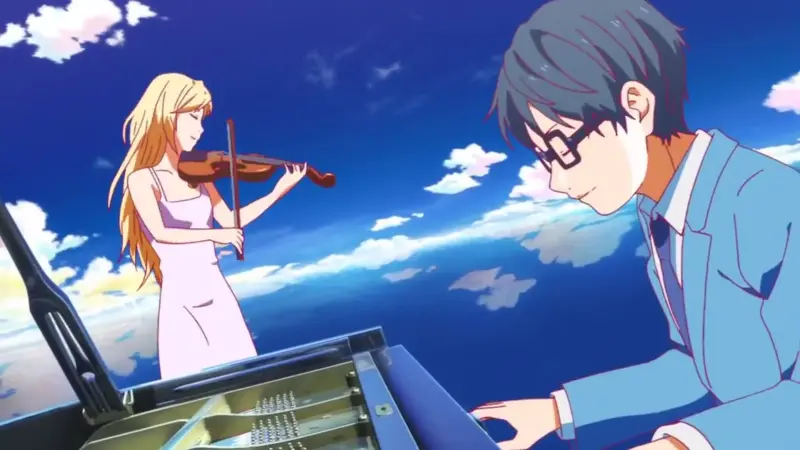 Kaori playing the violin while Kousei plays a grand piano against a surreal, cloud-filled blue sky in Your Lie in April.