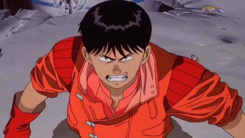 Akira features Shotaro Kaneda wearing his iconic red jacket and looking up intensely.