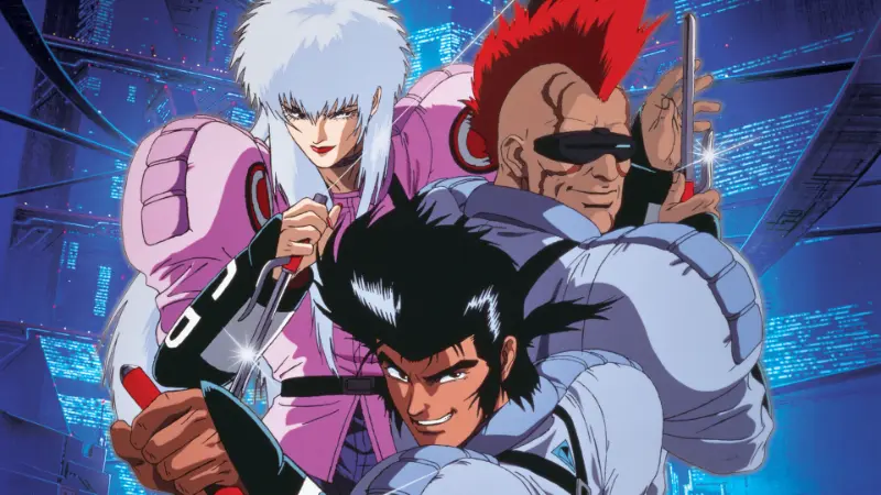 The main trio of Cyber City Oedo 808 posing confidently against a massive futuristic cityscape.