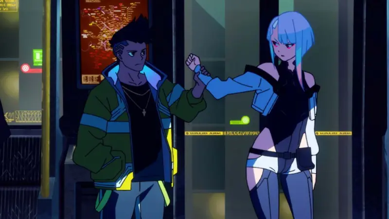 David Martinez and Lucy standing in a glowing transit car, a standout scene in modern cyberpunk anime.