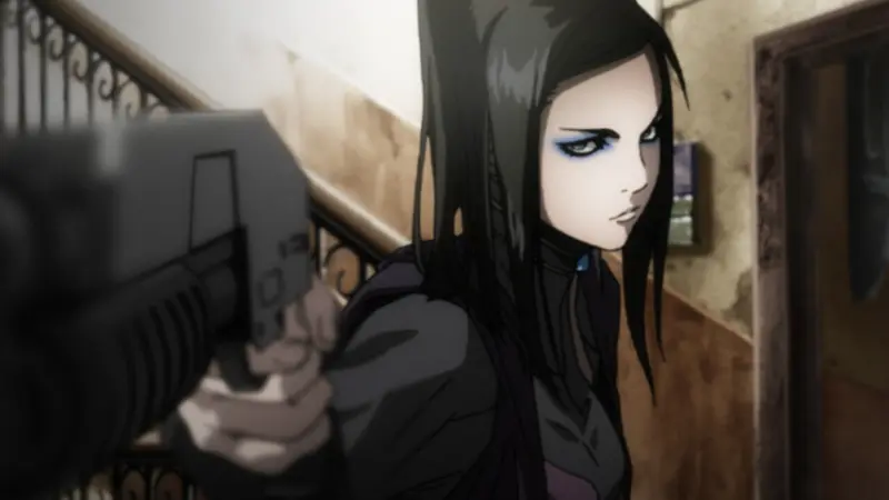 In Ergo Proxy, Re-l Mayer aims her sidearm while standing on a dimly lit staircase.