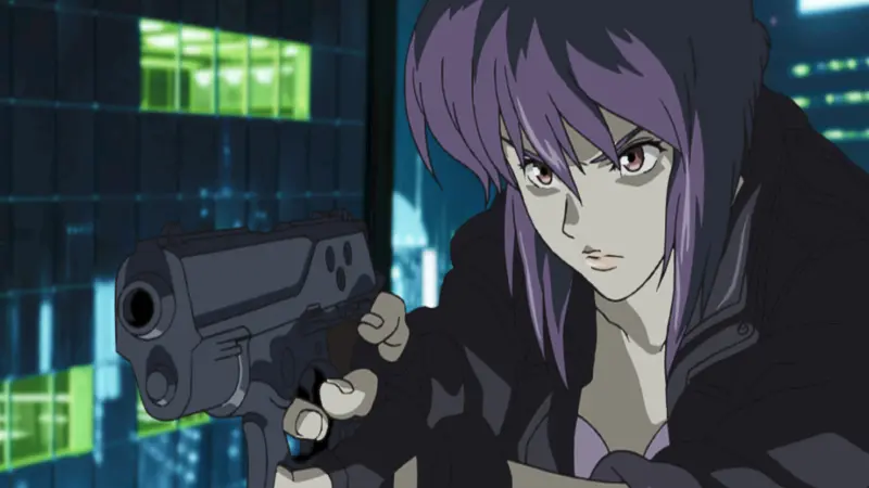 Ghost in the Shell protagonist Motoko Kusanagi taking a tactical stance with a futuristic sidearm, a classic element of cyberpunk anime.