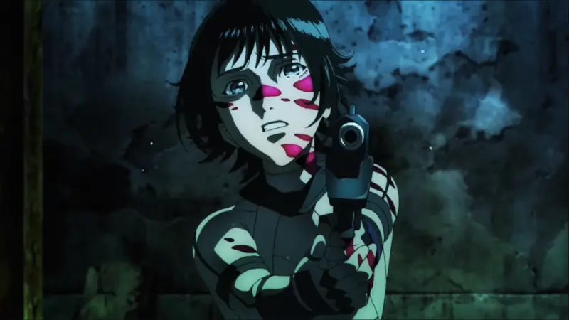 Mardock Scramble character Rune Balot holding a weapon with glowing pink reflections on her face.