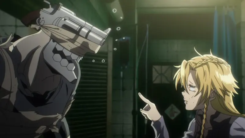 No Guns Life features Mary Steinberg pointing at the imposing cyborg Juzo Inui.