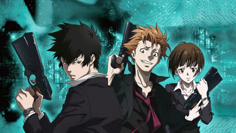 Psycho-Pass enforcers Shinya Kogami, Akane Tsunemori, and Shuusei Kagari holding their Dominator devices, concluding our cyberpunk anime list.