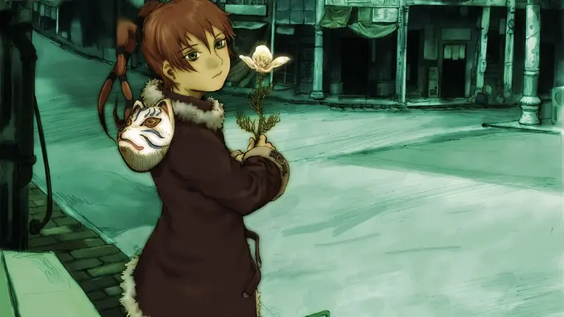 Texhnolyze character Ran holding a pale white flower while wearing a traditional fox mask in a muted city.