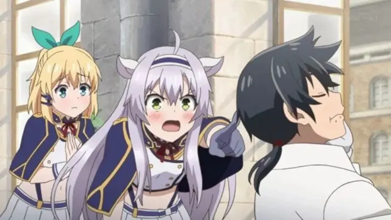 In Akashic Records of Bastard Magic Instructor, Sistine Fibel angrily points at a bored Glenn Radars inside a stone academy hallway.