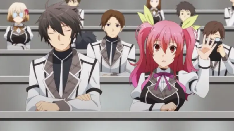 Chivalry of a Failed Knight characters Stella Vermillion waving her hand while sitting next to a sleeping Ikki Kurogane in a tiered classroom.