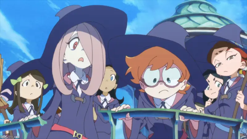 Little Witch Academia students Akko Kagari, Lotte Jansson, and Sucy Manbavaran leaning over a railing in their Luna Nova witch uniforms.