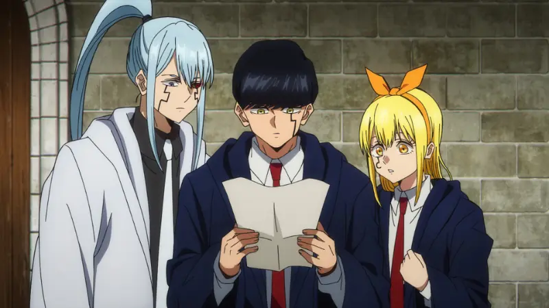 In Mashle: Magic and Muscles, Mash Burnedead holds a piece of paper alongside Lance Crown and Lemon Irvine in their Easton Magic Academy robes.
