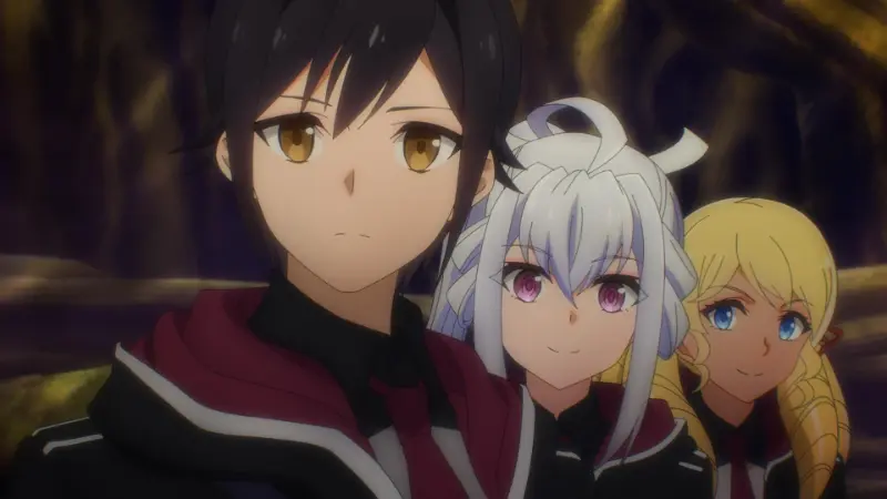 Reign of the Seven Spellblades characters Oliver Horn, Nanao Hibiya, and Michela McFarlane standing together in a dark, cavernous setting.