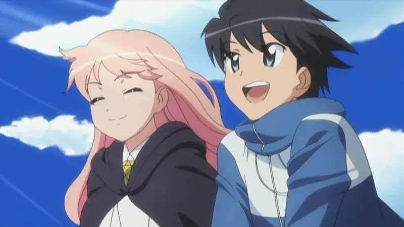 The Familiar of Zero protagonists Louise de La Vallière and Saito Hiraga smiling happily together against a bright blue sky, wrapping up our best magic academy anime list.