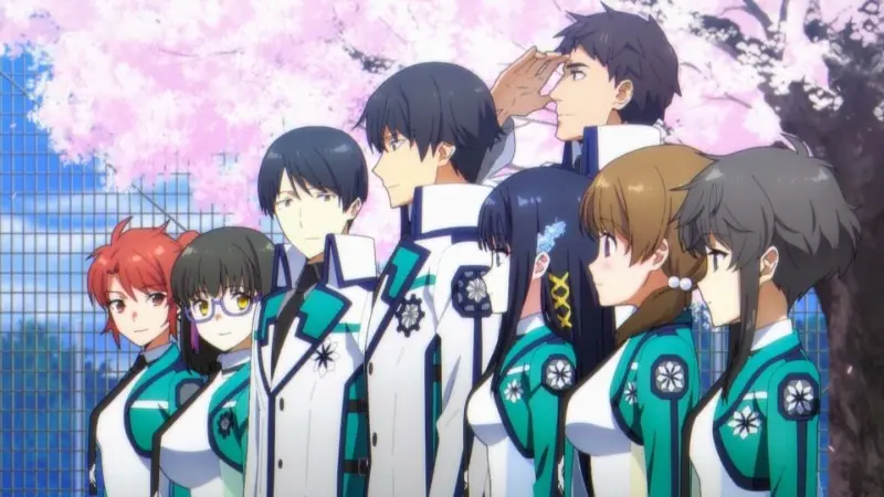 The cast of The Irregular at Magic High School, including Tatsuya and Miyuki Shiba, standing in profile under cherry blossoms.