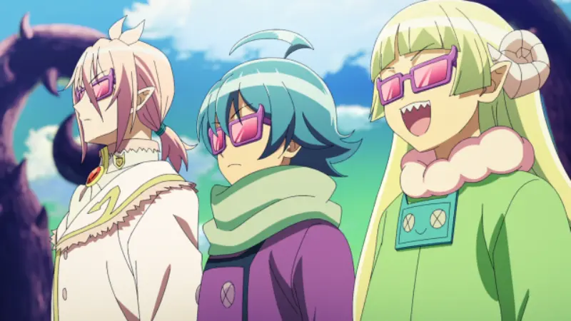 Welcome to Demon School! Iruma-kun characters Iruma, Asmodeus, and Clara wearing pink square sunglasses and standing outdoors in the netherworld.