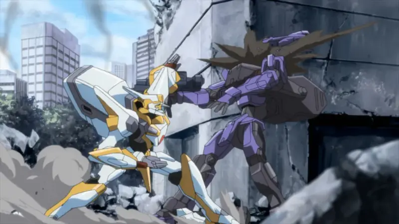 The white Lancelot and purple Guren Knightmare frames clashing in combat amidst city ruins in Code Geass.