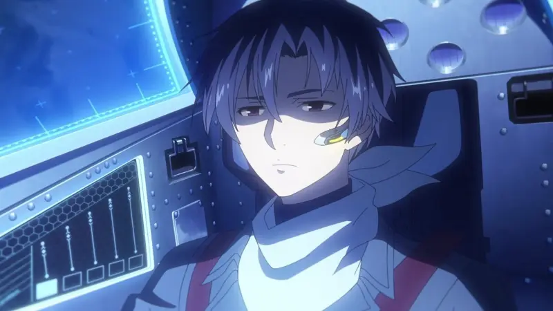 Shin Nouzen looking somber inside his Juggernaut cockpit in the sci-fi mecha anime 86 Eighty-Six.