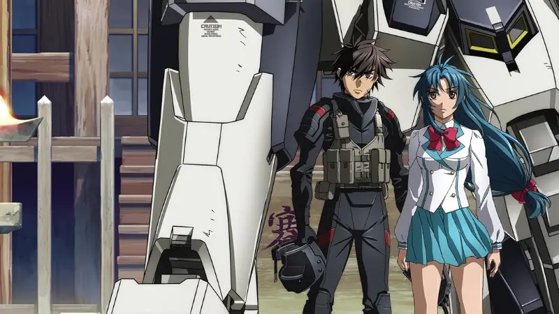 Sousuke Sagara in his pilot suit standing next to Kaname Chidori in front of an Arm Slave.