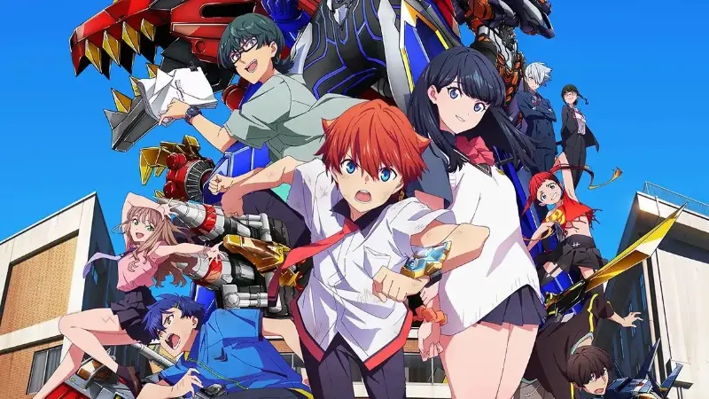 Yuta Hibiki and the rest of the main cast posing dynamically in front of a giant robot in Gridman Universe.