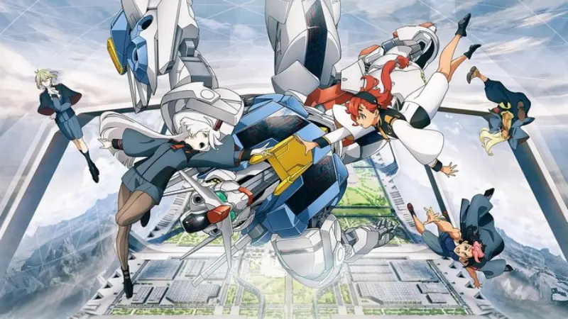 Suletta and Miorine reaching out in zero gravity in front of the Gundam Aerial in the sci-fi mecha anime Mobile Suit Gundam: The Witch from Mercury.