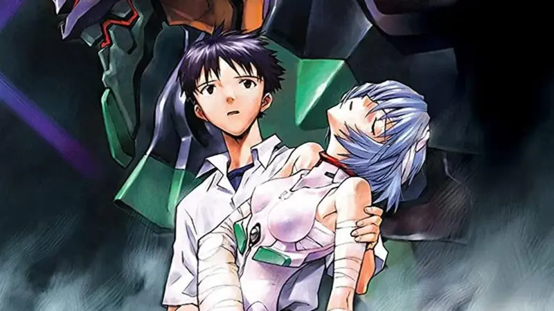 Shinji Ikari holding a bandaged Rei Ayanami in front of Eva Unit-01 in the classic mecha anime Neon Genesis Evangelion.