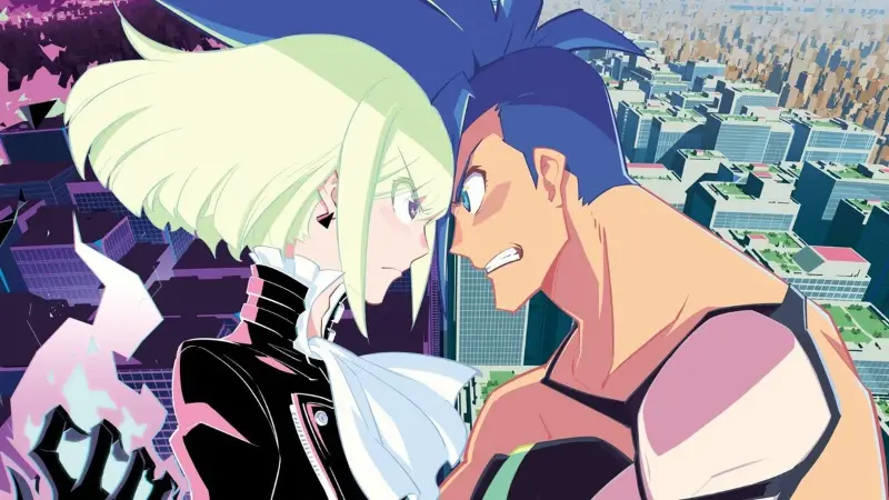 Galo Thymos and Lio Fotia pressing their heads together in a fierce stare-down against a vibrant futuristic city skyline in Promare.