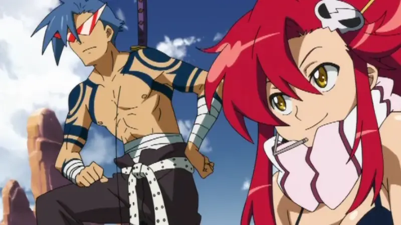 Kamina with his blue tattoos and orange sunglasses standing next to a smiling Yoko Littner in Tengen Toppa Gurren Lagann.