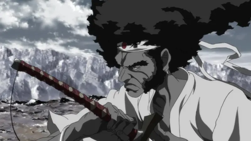 Afro grips his sword fiercely against a mountainous backdrop in the bingeable action mini-series Afro Samurai.