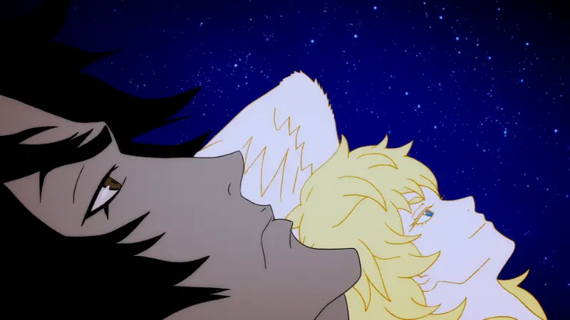Akira Fudo and Ryo Asuka look up at a starry night sky in the visually striking short anime series Devilman Crybaby.