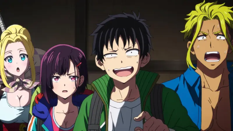 Akira Tendou, Shizuka, Kencho, and Beatrix react intensely in the bingeable zombie comedy anime Zom 100: Bucket List of the Dead.
