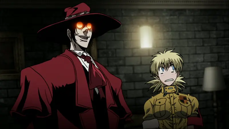 The vampire Alucard smiles menacingly next to a shocked Seras Victoria in the dark fantasy OVA series Hellsing Ultimate.