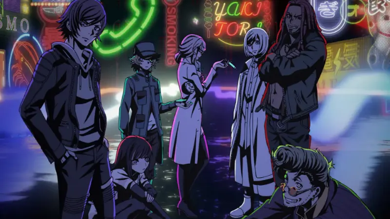 The Courier, Swindler, and Brawler gather on a neon-lit cyberpunk street in the explosive 1-season anime Akudama Drive.