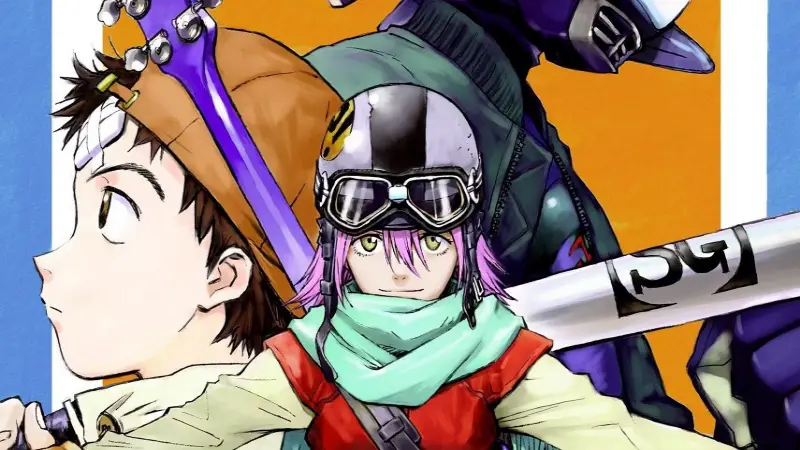 Naota Nandamaba and Haruko Haruhara stand with a blue guitar and Vespa in the classic short OVA anime FLCL.