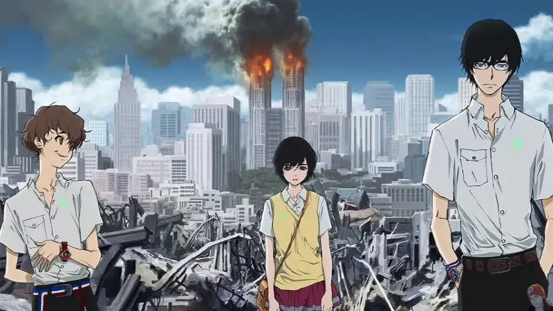 Nine, Twelve, and Lisa Mishima stand before a burning, ruined cityscape in the gripping short psychological thriller Terror in Resonance.