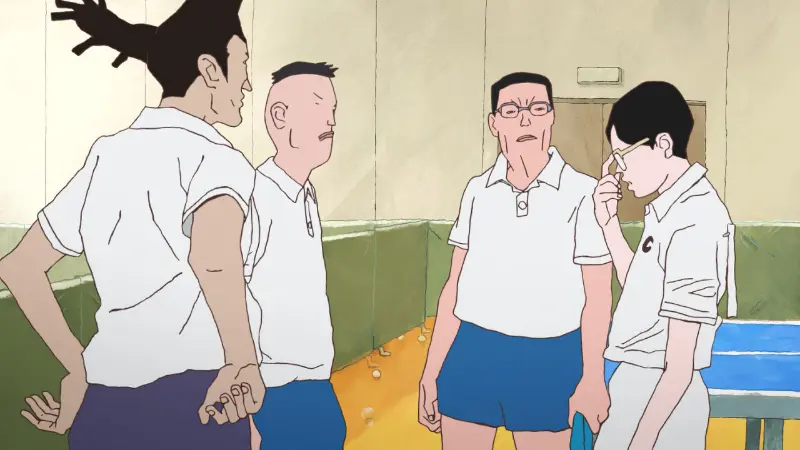 Peco and Smile gather with their table tennis club in the highly rated short sports anime Ping Pong the Animation.
