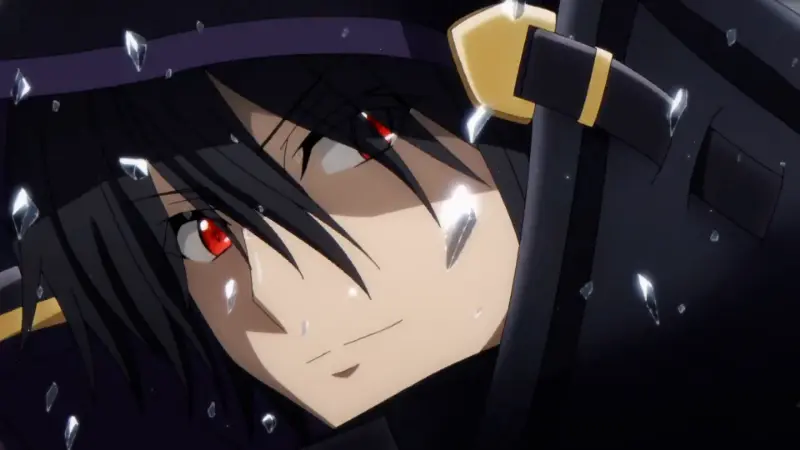 Cid Kagenou, known as Shadow, reveals a glowing red eye in the sigma main character anime The Eminence in Shadow.