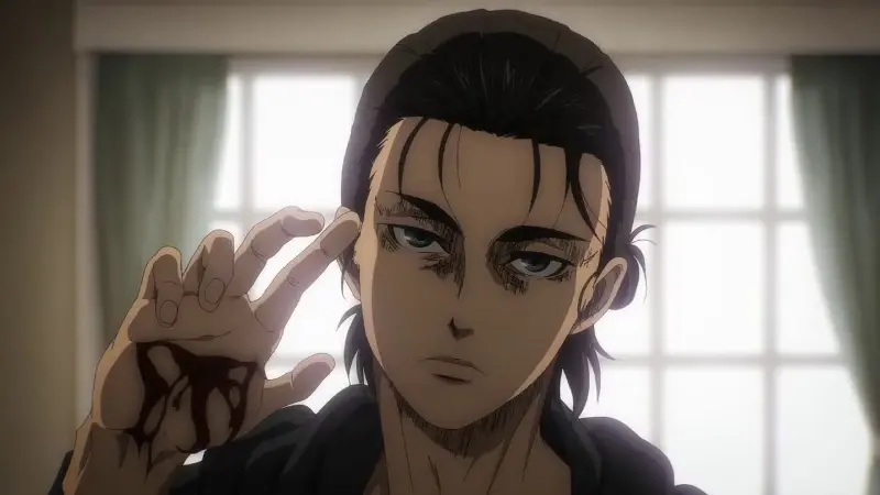 Eren Yeager coldly prepares to transform by cutting his hand in the iconic sigma anime Attack on Titan.
