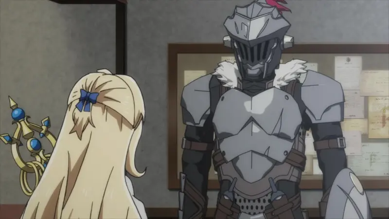 Goblin Slayer stands fully armored next to the Priestess in the dark fantasy sigma anime Goblin Slayer.