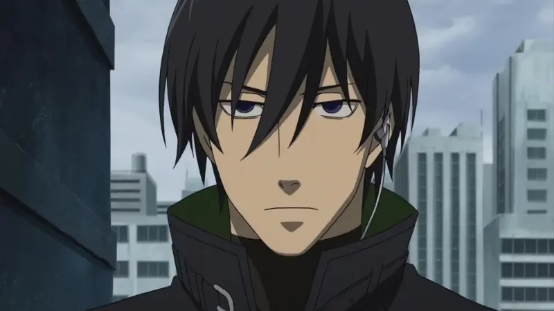 Hei wears a dark coat and earpiece against a city backdrop in the classic sigma main character anime Darker Than Black.