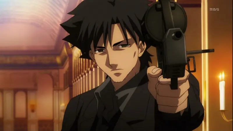 The ruthless sigma main character Kiritsugu Emiya aims his Thompson Contender in the anime Fate/Zero.