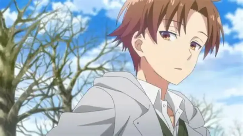 The manipulative sigma main character Kiyotaka Ayanokoji looks back indifferently in the anime Classroom of the Elite.