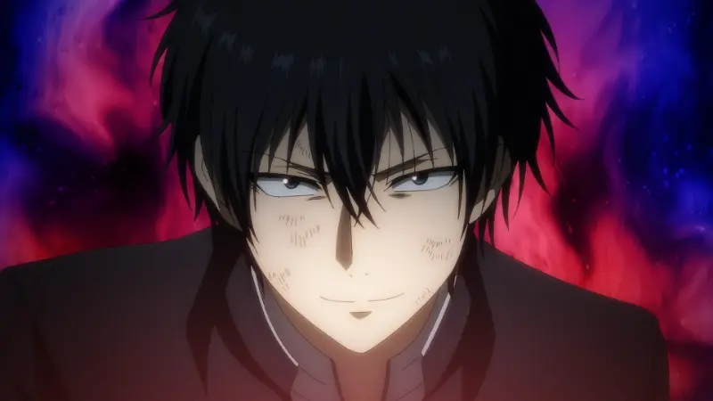 Yuuichi Katagiri smiles menacingly surrounded by a dark aura in the psychological sigma main character anime Tomodachi Game.