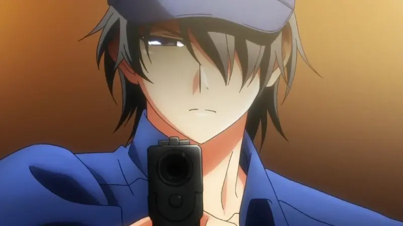 Yuuji Kazami aims a handgun forward in the gripping sigma main character anime The Fruit of Grisaia.