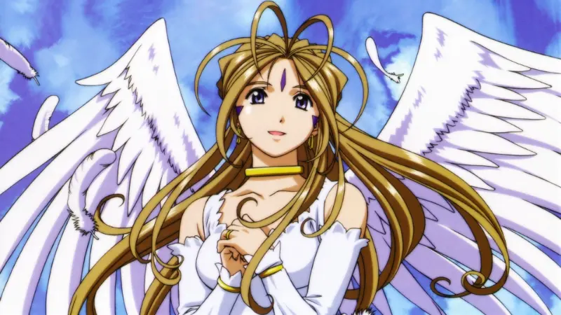 Belldandy looking upward with her white angel wings spread against a blue sky in the classic supernatural romance anime Ah! My Goddess.