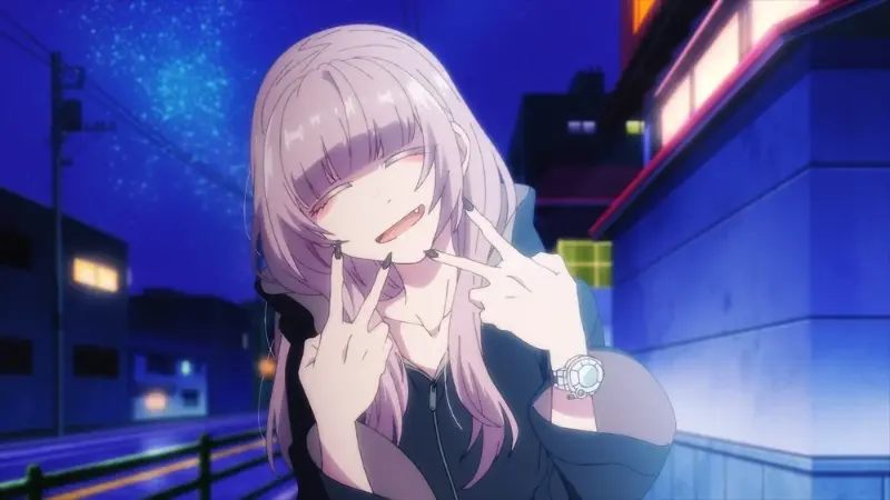 Nazuna Nanakusa flashing two peace signs with a fanged smile under a purple night sky in Call of the Night.