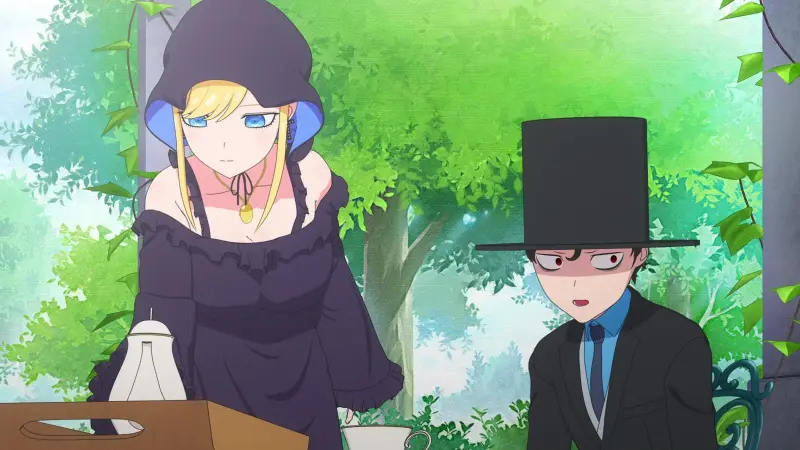 Alice in a black dress pouring tea for the Duke in his signature top hat outside in a sunlit garden.