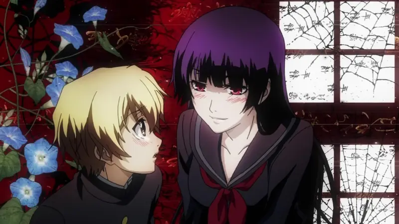 Yuuko blushing and looking warmly at Teiichi in front of a cracked window with blue flowers in Dusk Maiden of Amnesia.